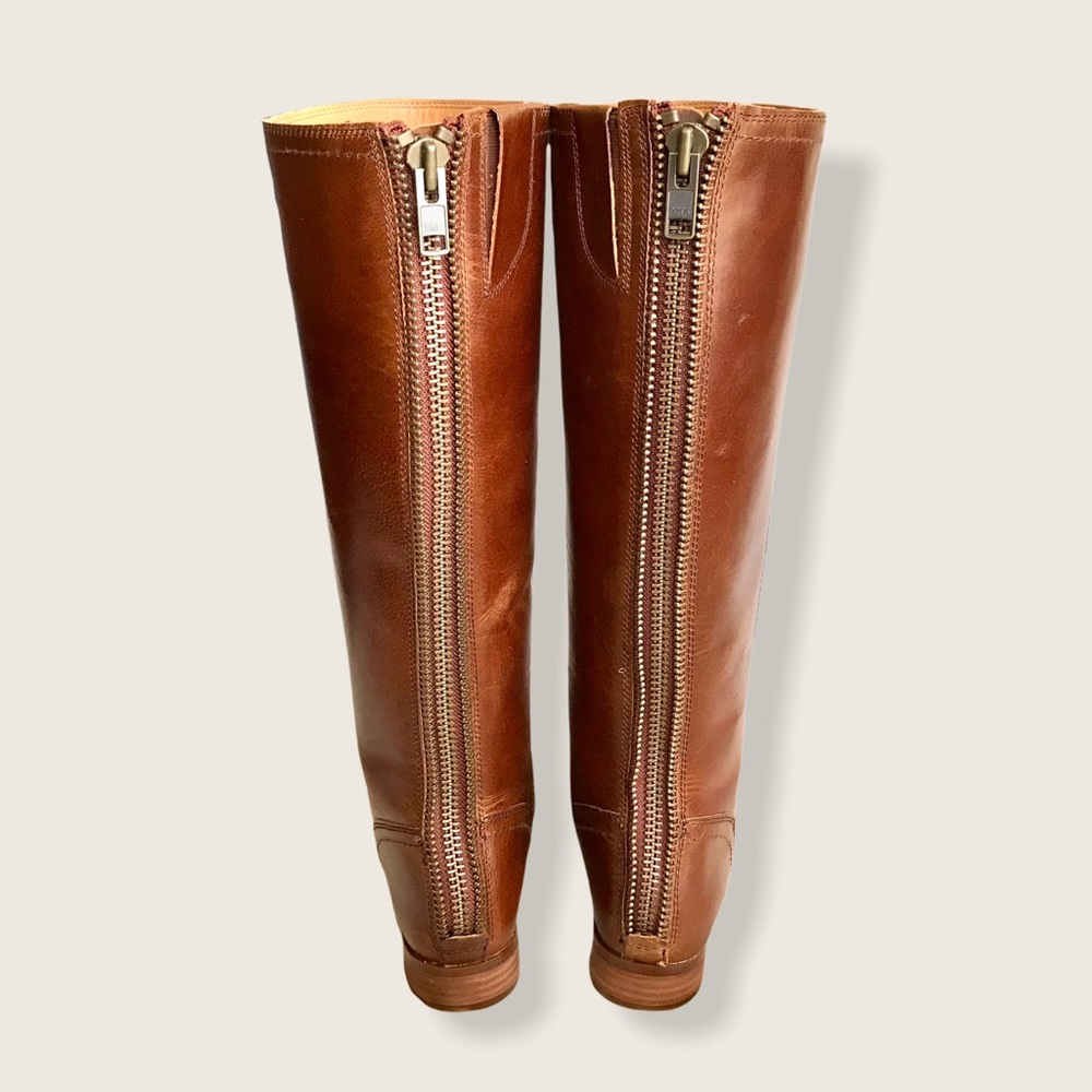 $399 Frye Jolie Back Zip Cognac Knee High Zip Up Round Toe Real Leather Boots - Picture 9 of 16
